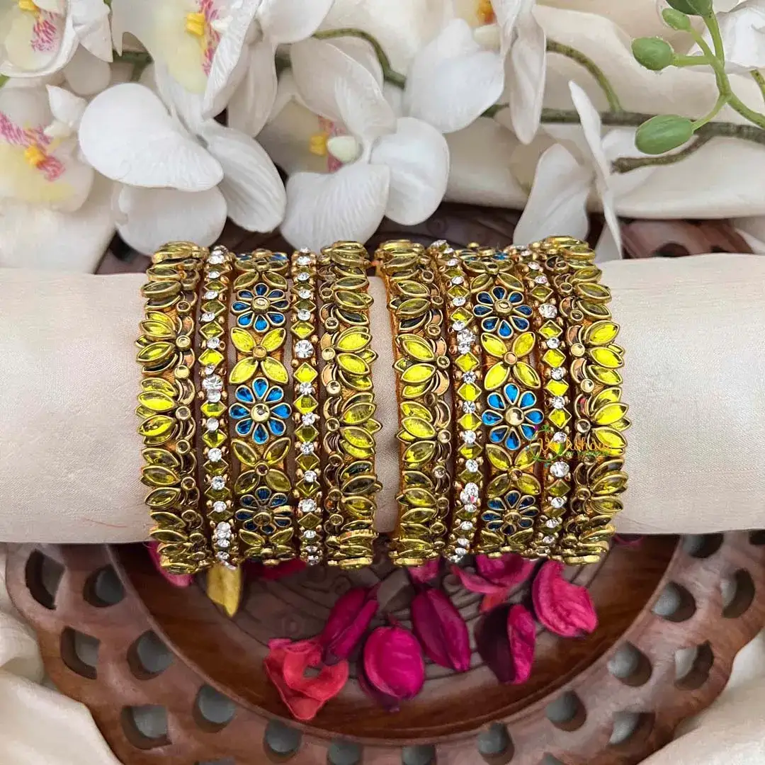 Yellow and Blue Stone Antique Gold-Plated Floral Kada Silk Bangles Set